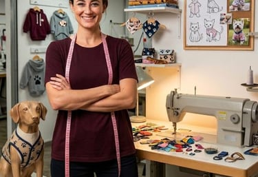 Costurera en su taller de confeccion de prendas para  mascotas