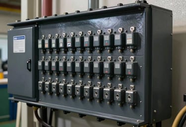 A neatly organized large commercial fuse box in a North American / US facility, showcasing professional midnight charcoal and deep slate grey hardware.