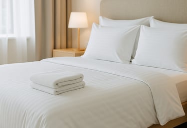 Luxury hotel bed with crisp white bed sheets and premium hotel linens in a modern Amsterdam hotel ro