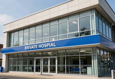 The exterior of a modern, well-maintained European / British private hospital with clean glass windows and blue signage, daytime lighting, professional architectural photography.