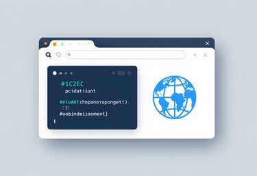 A minimalist graphic of a browser window with floating code elements and a globe icon, utilizing #1C2E3C and #3A8D9B colors to represent global web development.