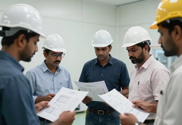 A group of professional engineers in hardhats reviewing floor plans in a modern South Asian / Indian cleanroom construction site with soft off-white walls.