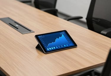 A modern boardroom table in a North American / US office with a tablet showing royal blue data trends, surrounded by ergonomic chairs.