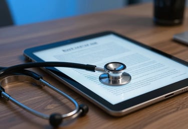 Close-up of a tablet displaying medical study notes and a stethoscope on a wooden desk in a Southern European / Italian home office, professional sky blue lighting.