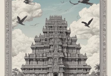 A serene temple courtyard in Tamil Nadu bathed in early morning light, with traditional architecture and lush greenery.