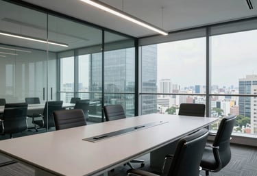 A modern glass-walled conference room in a Brazilian office tower, with a light grey table and professional seating, highlighting a sophisticated and trustworthy business environment.