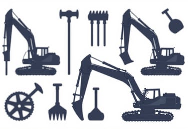An organized array of heavy demolition tools and heavy machinery silhouettes, showcasing the industrial operations capability of Andrew Horan. Clean lines and #1A2C3D shadows suggest reliability.