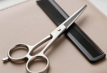 Macro photography of professional salon tools including silver scissors and a fine comb resting on a taupe leather surface in a bright studio.