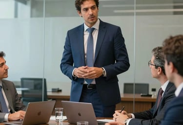 A professional South American consultant in a navy blue suit leading a strategic meeting in a glass-walled boardroom in São Paulo, Brazil.