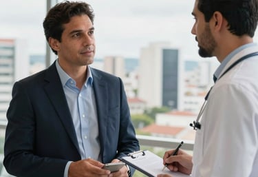 A South American business consultant in a professional dark navy suit talking with a healthcare director in a bright, modern office overlooking a Brazilian city. Commercial photography style, sharp focus.