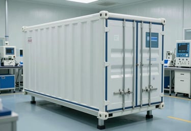 A photograph showing a specialized, temperature-controlled pharmaceutical shipping container being sealed. The setting is a clean, organized logistics bay of a high-tech facility, conveying reliability and safety.