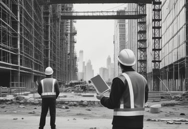 Construction site with project managers reviewing plans and progress.