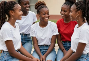 A vibrant group of diverse teenage girls smiling and supporting each other outdoors, radiating confidence and joy.