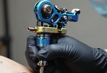 Close-up of a vibrant tattoo in progress, showing detailed needlework on skin.