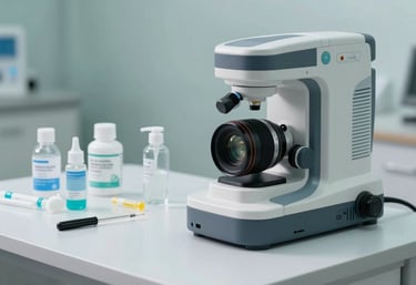 Modern medical diagnostic device and professional medical supplies arranged on a white table. High-key lighting, soft teal and deep gray accents.