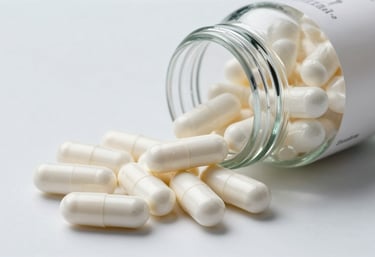 White capsules spilling out of a pharmaceutical glass jar. Clean, bright, sterile studio lighting, Northern European pharmaceutical style.