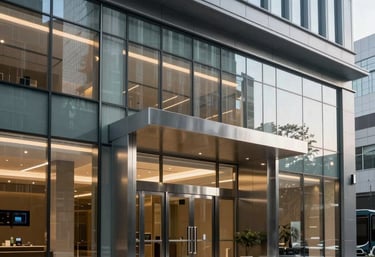 Photography of a sleek, modern glass and steel storefront entry system for a large North American corporate headquarters, emphasizing clean lines and expertise.