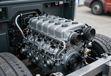 A heavy-duty truck engine undergoing a professional diagnostic check. Sharp focus on mechanical parts, clean and reliable aesthetic using #405D7C and #F8F9FA metallic tones.