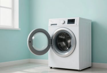 A clean laundry area within the premises featuring a modern washing machine. The space is bright and well-maintained with #F5F8F7 walls and #2E4057 accents.