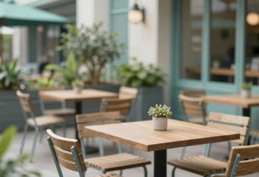 An open-air terrace area with stylish wooden tables and chairs. Potted plants add a touch of nature. The lighting is soft and daylight-filled. Brand palette #A7C2C3 and #5D7F8E visible in the decor.