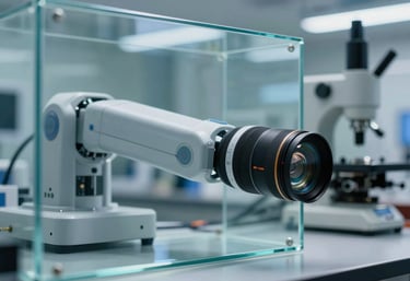Abstract photography of light refraction on glass, symbolizing high-speed AI and automation technology in a clean Southeast Asian / Indonesian tech lab.