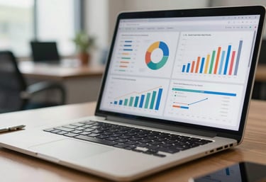 A close-up of a professional desk in a modern Southeast Asian / Indonesian office showing a laptop screen with colorful marketing analytics and growth charts.