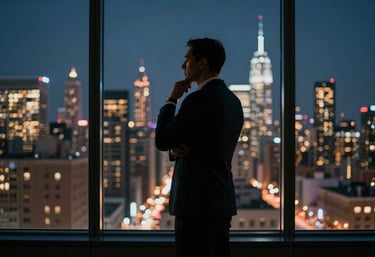 The silhouette of a professional standing before a large window overlooking a North American city skyline at night, signifying deep thought and strategic planning.