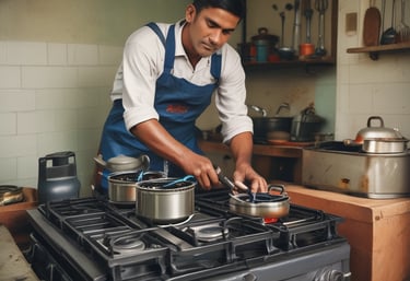 Technician repairing a gas stove burner in a modern Indian kitchen.