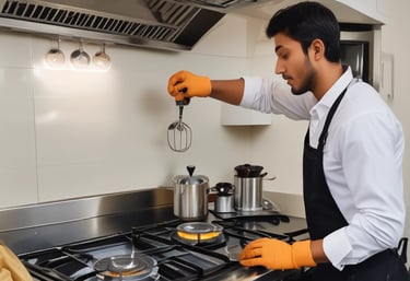 Professional repairing a gas stove ignition system with tools at a customer's house.