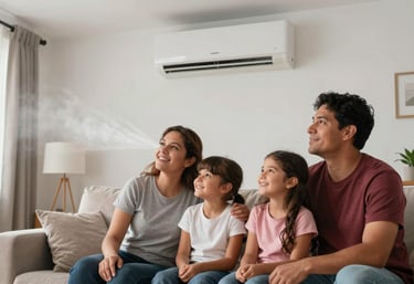 A happy Latin American / Spanish family in a cool, comfortable living room, enjoying the breeze from an air conditioner. Bright and airy atmosphere.