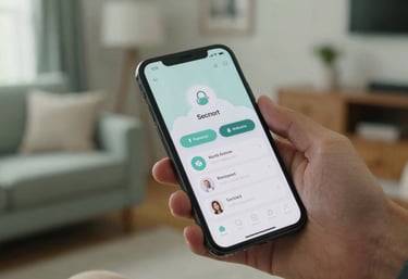 A close-up photo of a person's hand using a smartphone in a North American / US (Southeast) living room decorated in Soft Sage and Light Mist. The phone screen shows a secure app.