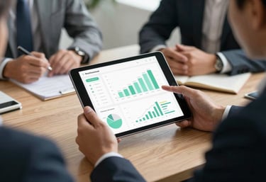 A professional North American business meeting where a tablet is being used to present a sophisticated mobile application dashboard with mint green charts.