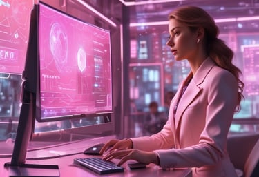 Close-up of hands using AI-powered design software illuminated by ambient pink lighting.