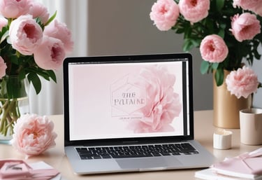 Elegant workspace with soft blush tones, showing a laptop and design sketches on a clean desk.