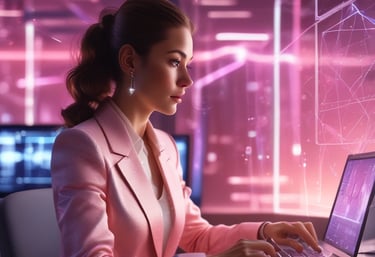 Close-up of hands using AI-powered design software illuminated by ambient pink lighting.