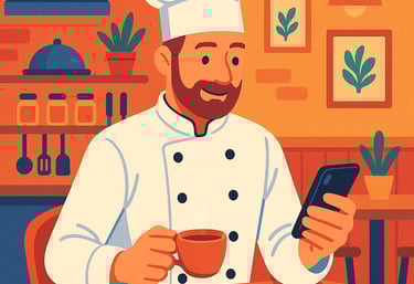 Ilustración en Hostelería, cocinero usando el comparador Dighoreca mientras toma un café