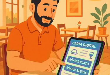 Ilustración en Proveedores, hostelero manejando su carta en Dighoreca