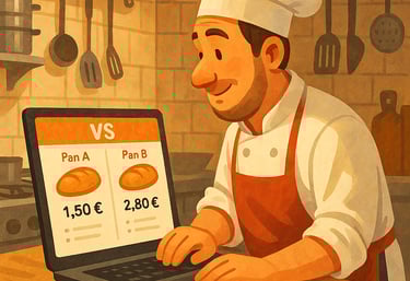 Ilustración en Hostelería, cocinero usando el comparador de Dighoreca para el pan