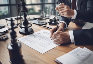 Team collaborating in a modern office environment around a table with documents and laptops.
