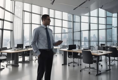 Team collaborating in a modern office environment around a table with documents and laptops.