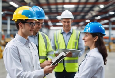 Team collaborating in a modern office environment around a table with documents and laptops.
