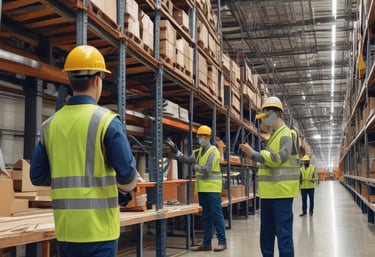 Team collaborating in a modern office environment around a table with documents and laptops.