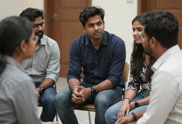 A friendly instructor guiding a small group in a lively English conversation session.