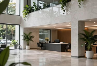A minimalist corporate lobby in a Brazilian business center with green plants and modern lighting, reflecting a professional and growth-oriented atmosphere.