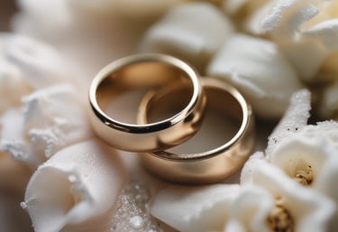 A joyful couple exchanging vows outdoors with soft blue decorations.