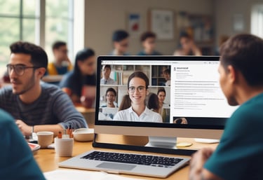 A friendly teacher engaging with students during a live online English class.