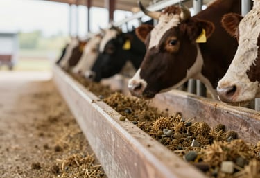 Close-up of cattle feed in a wooden trough, showcasing high-quality nutrition. Soft lighting, professional focus. Earthy tones #3F322B and light background #F8F3EC create a clean agricultural look.