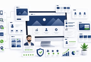 Digital workspace illustration featuring a computer monitor surrounded by UI elements, data charts, and social icons.