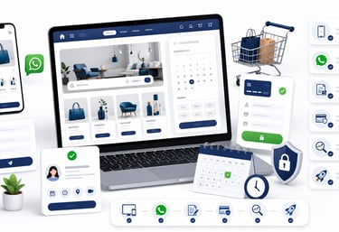 E-commerce interface on a laptop and smartphone with a shopping cart, calendar, and secure payment icons.