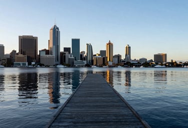 A serene and modern International / Australasian city harbor at sunrise, symbolizing new opportunities and a clear path forward. Features Slate Steel Blue and Soft Sky Blue water reflections.